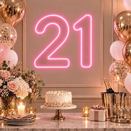 Pink 21st birthday number neon sign on a party table