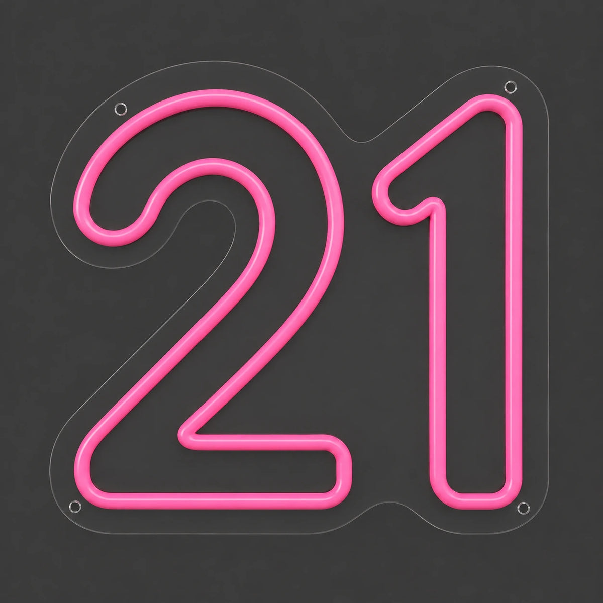 Pink number 21 neon sign lit on a dark gray background