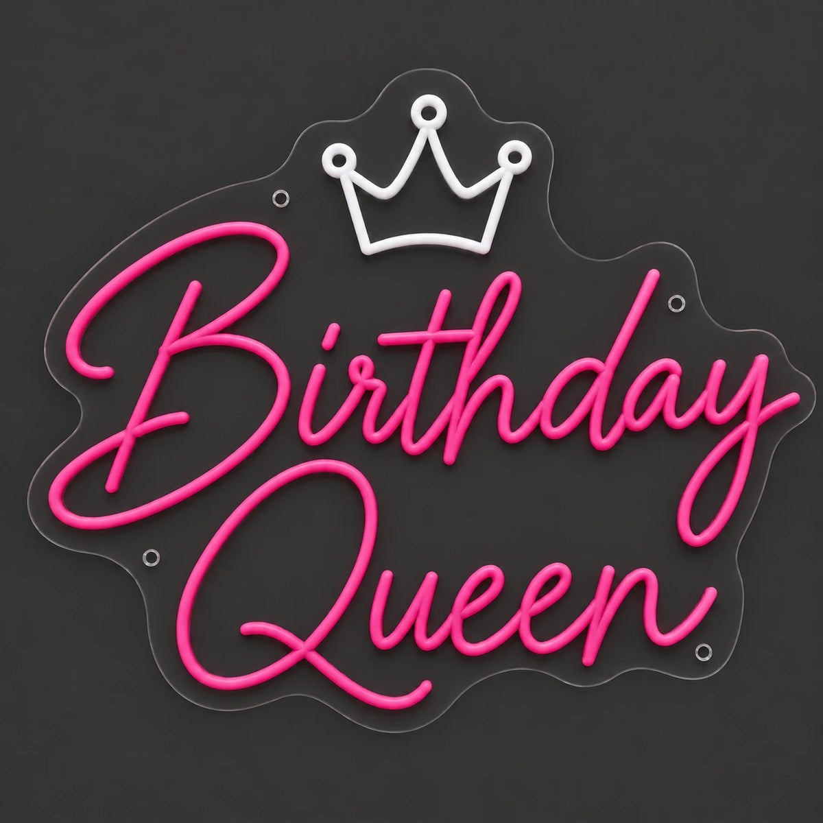 Pink Birthday Queen crown neon sign lit on a dark gray background