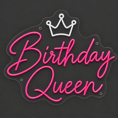 Pink Birthday Queen crown neon sign lit on a dark gray background