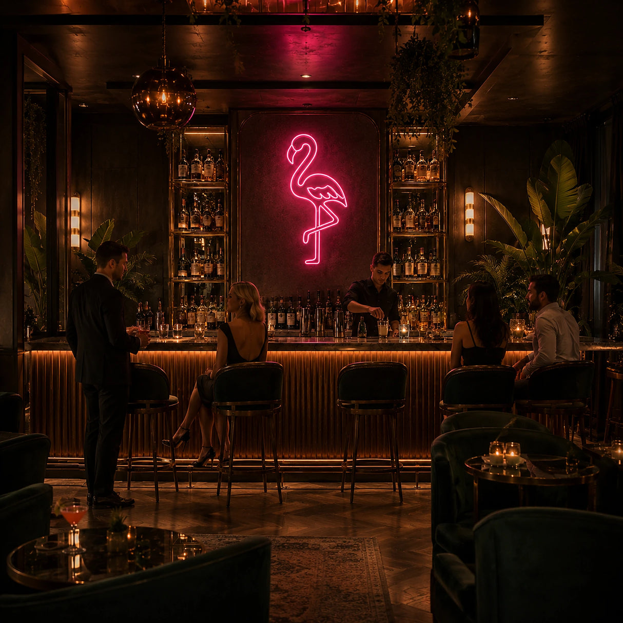 Pink Flamingo LED Neon Sign displayed in a tiki bar setting