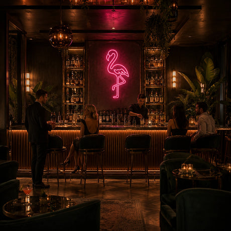 Pink Flamingo LED Neon Sign displayed in a tiki bar setting
