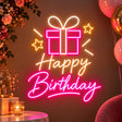 Pink gift box Happy Birthday neon sign as party décor