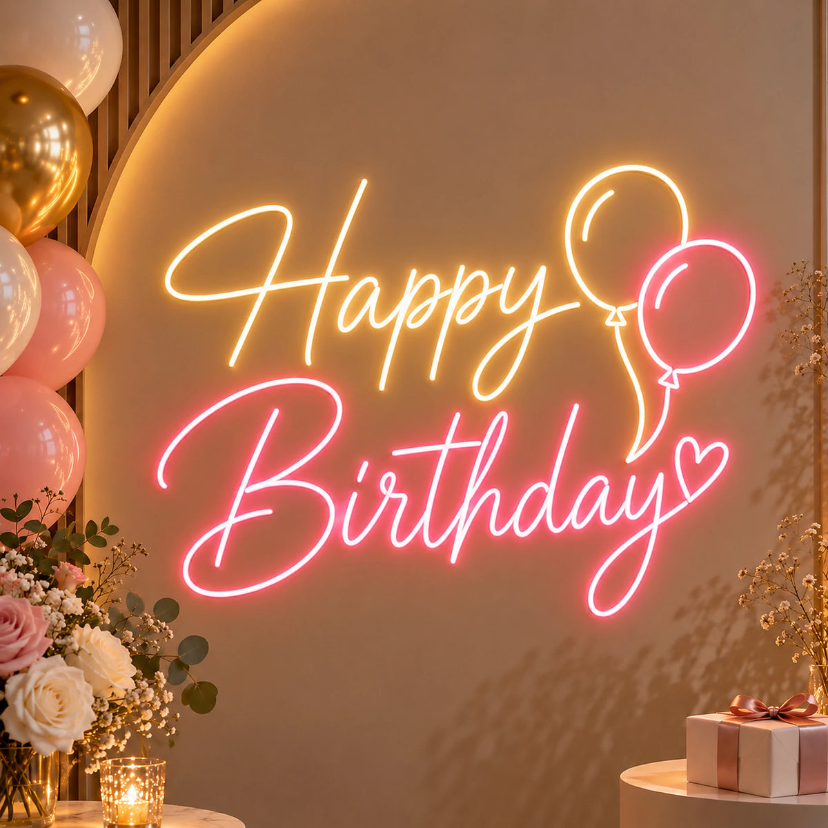 Pink Happy Birthday balloon neon sign on a party backdrop