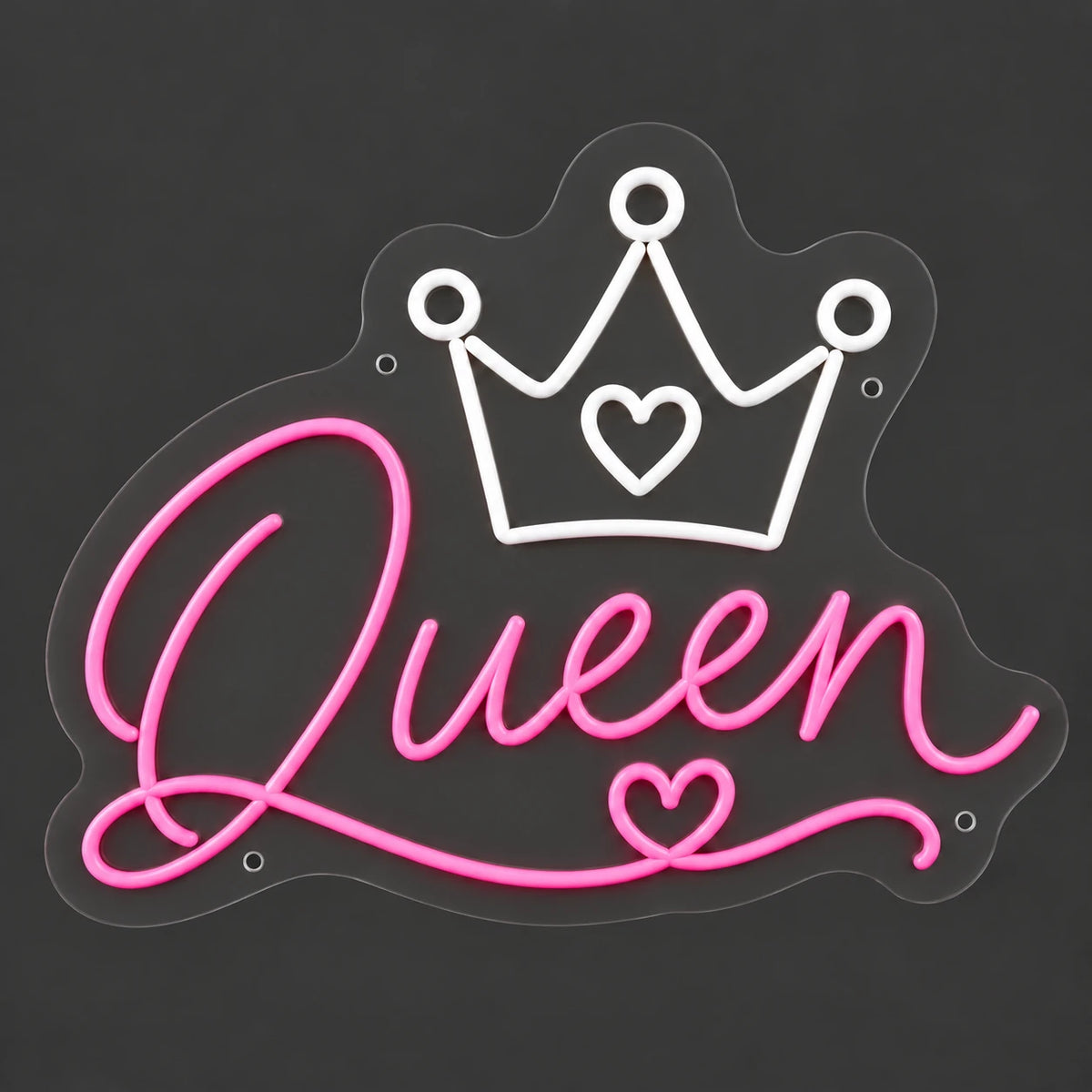 Pink Queen crown neon sign lit on a dark gray background