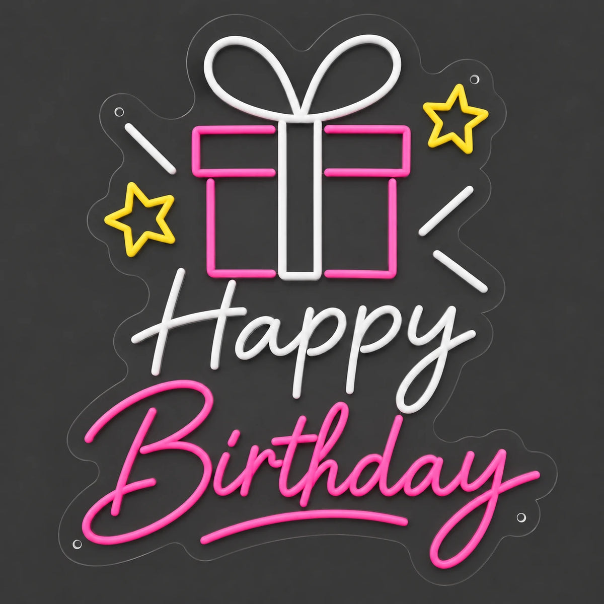 Pink and white gift Happy Birthday neon sign lit on a dark gray background