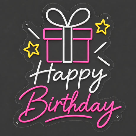 Pink and white gift Happy Birthday neon sign lit on a dark gray background