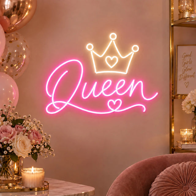 Queen neon sign with crown on a wall