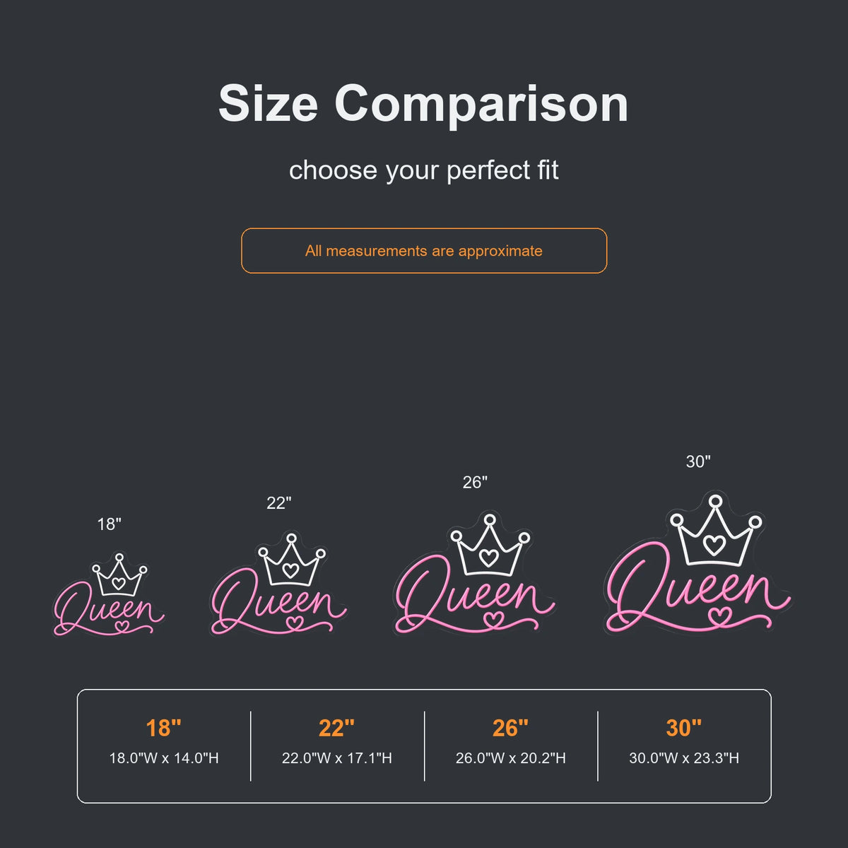 Queen crown neon sign size comparison from 18 to 30 inches