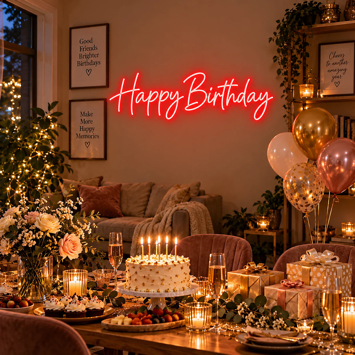 Red Happy Birthday neon sign above a dessert table