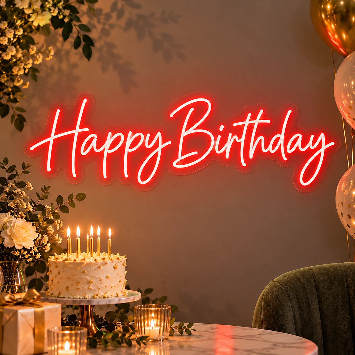 Red long Happy Birthday neon sign on a party backdrop