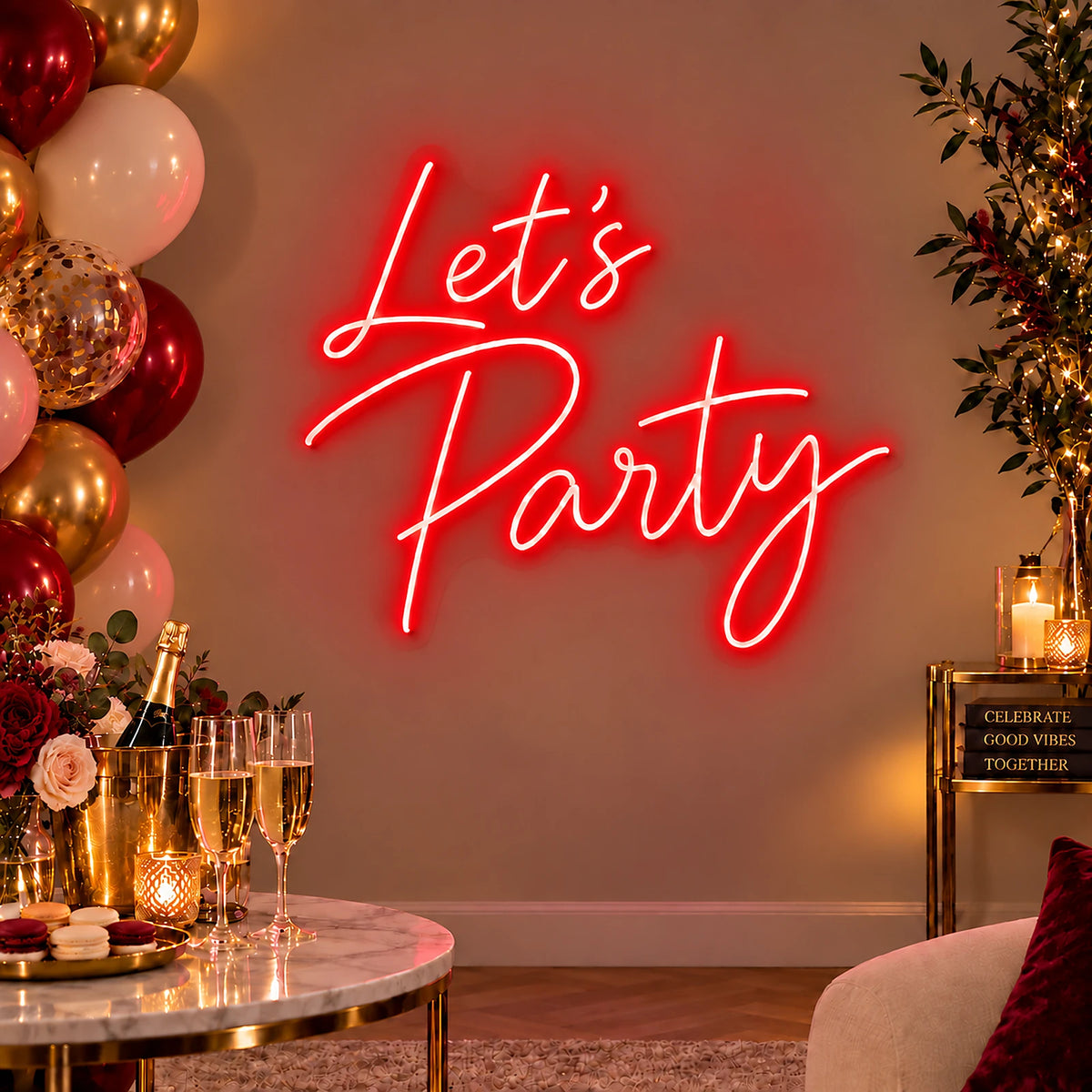Red Let’s Party neon sign as birthday décor