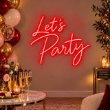 Red Let’s Party neon sign as birthday décor