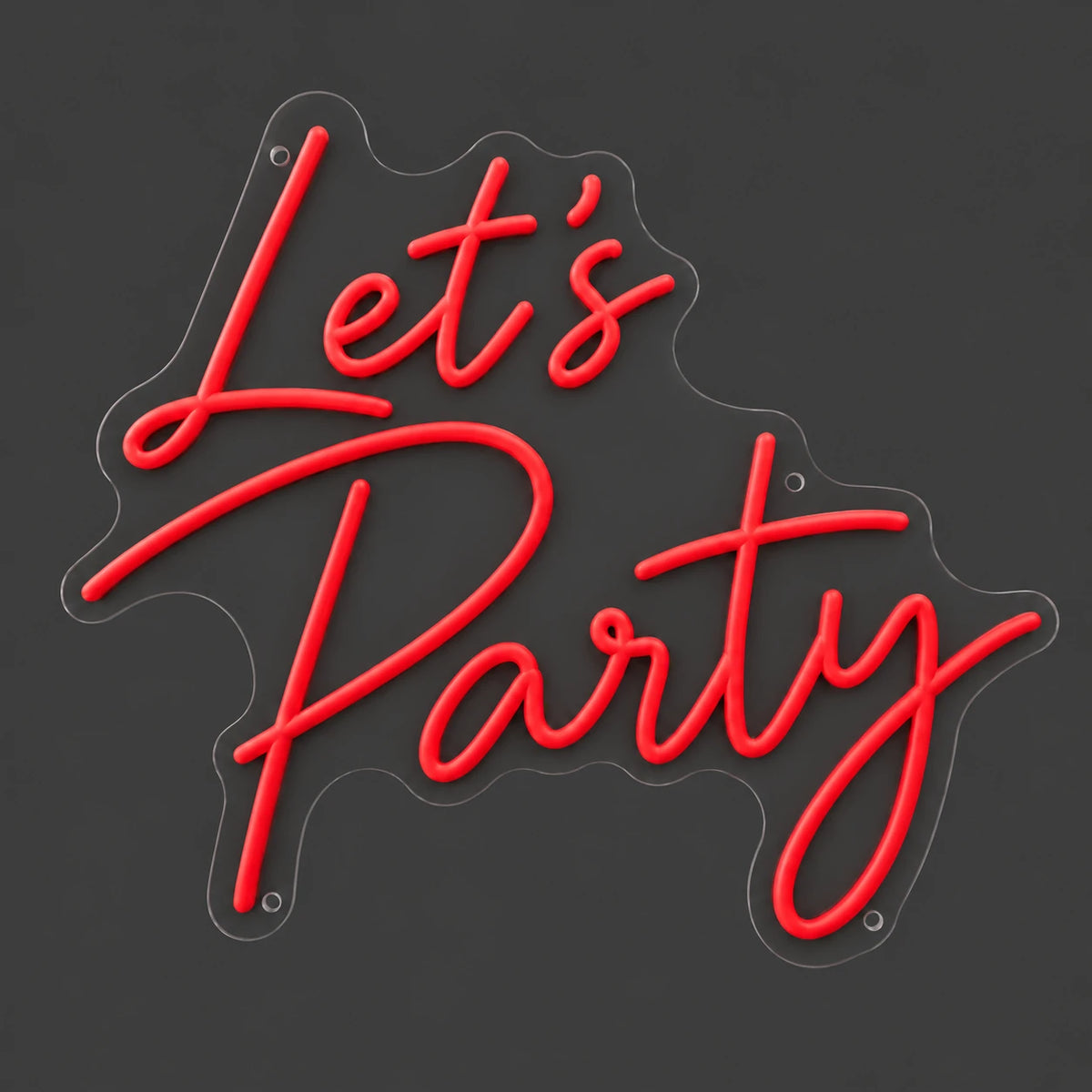 Red Let’s Party neon sign lit on a dark gray background