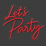Red Let’s Party neon sign lit on a dark gray background