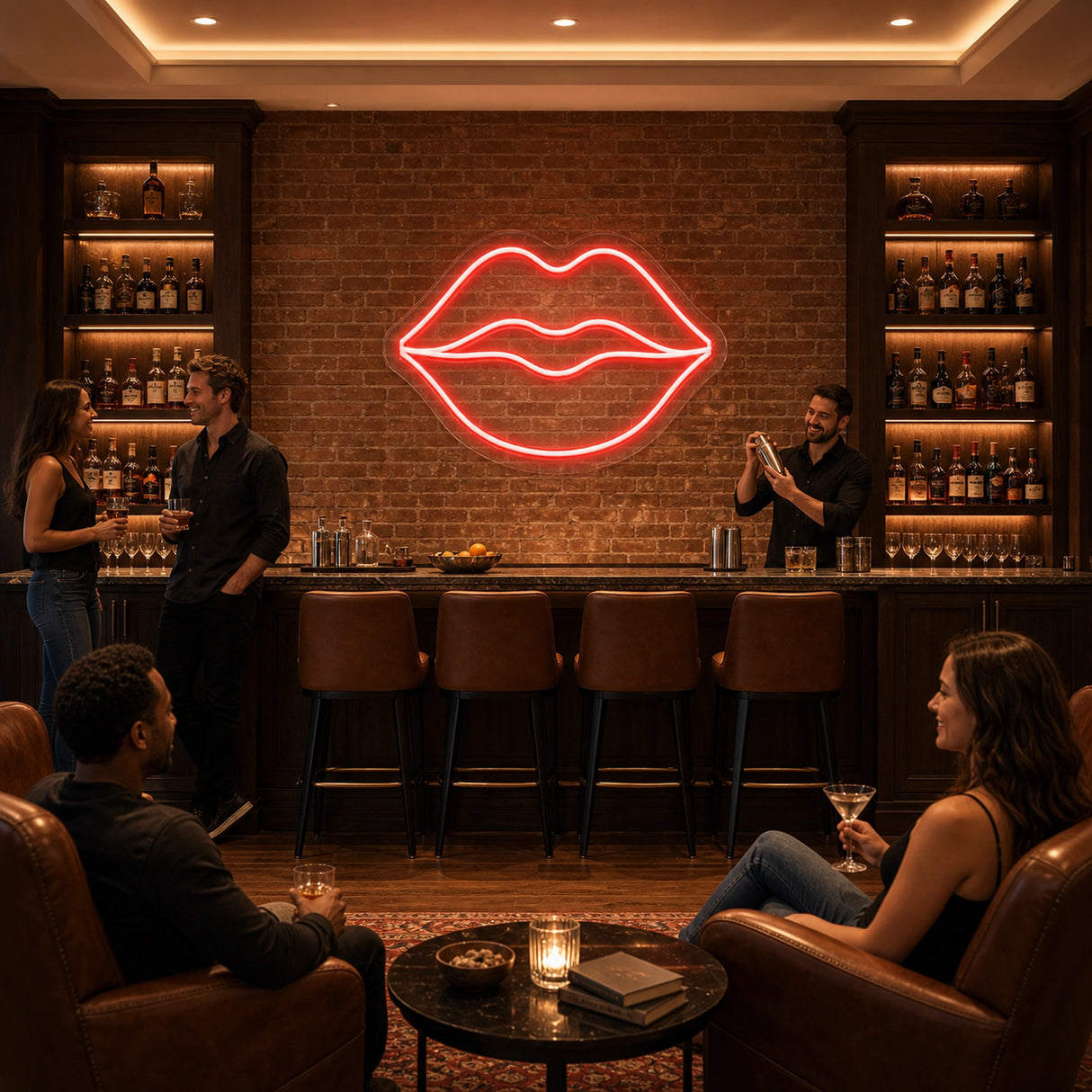 Red Lips LED Neon Sign displayed in a bar wall setting