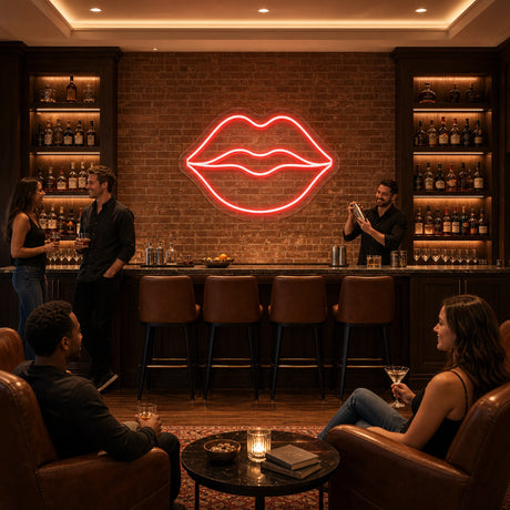 Red Lips LED Neon Sign displayed in a bar wall setting