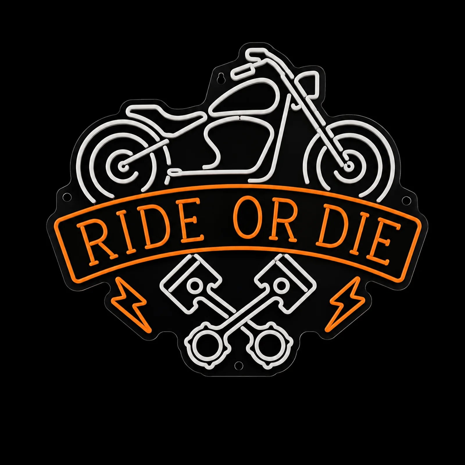 Ride or Die motorcycle neon sign with orange lettering and white motorcycle outline