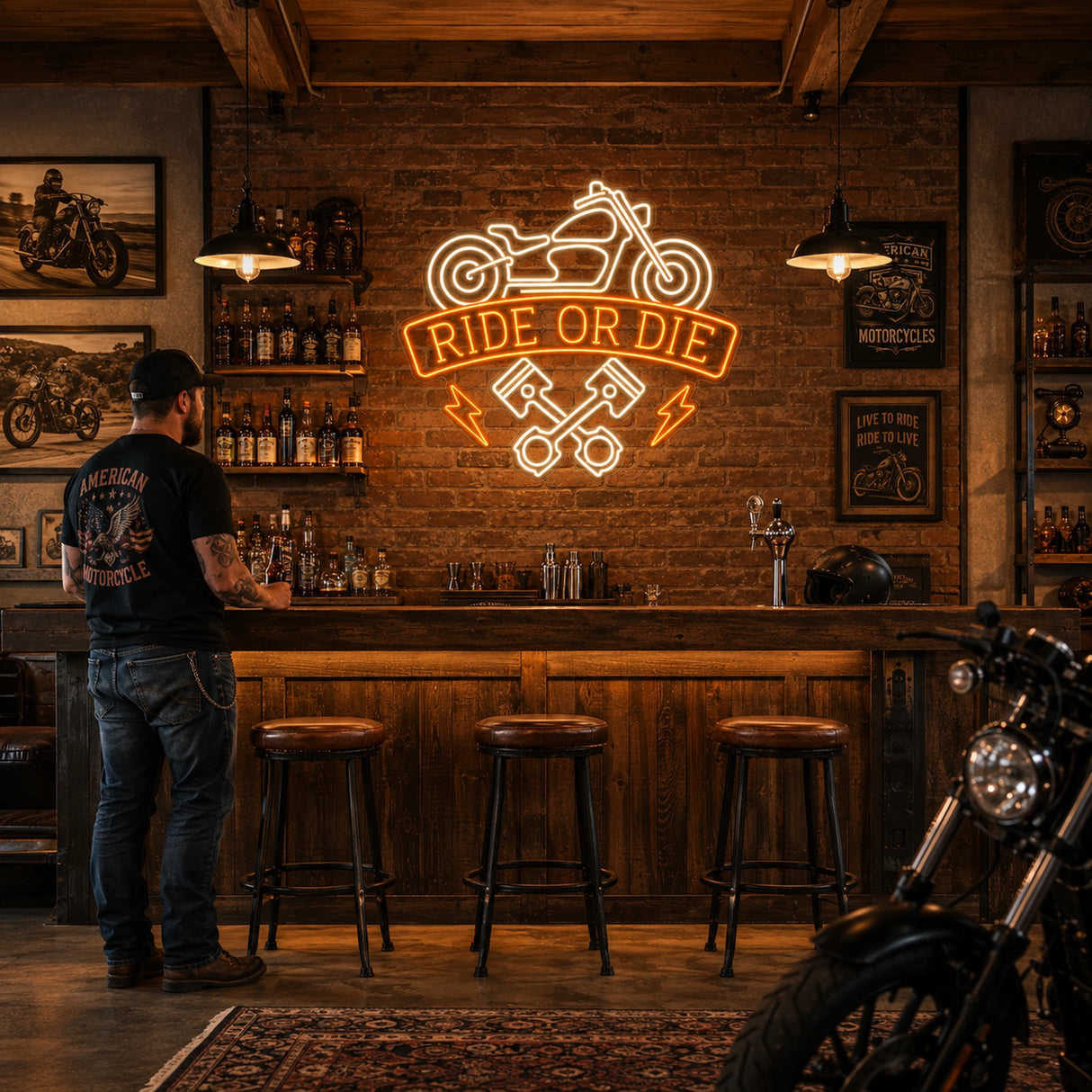 Ride or Die Motorcycle LED Neon Sign displayed in a man cave setting