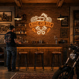 Ride or Die Motorcycle LED Neon Sign displayed in a man cave setting
