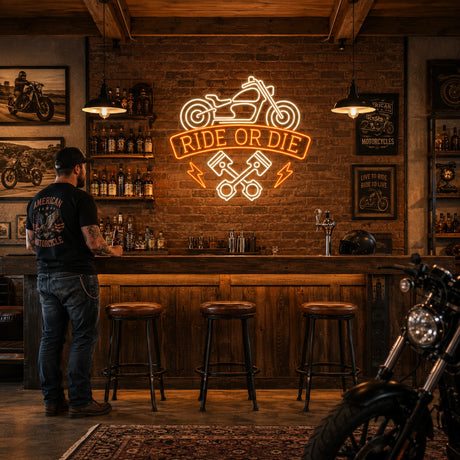 Ride or Die Motorcycle LED Neon Sign displayed in a man cave setting