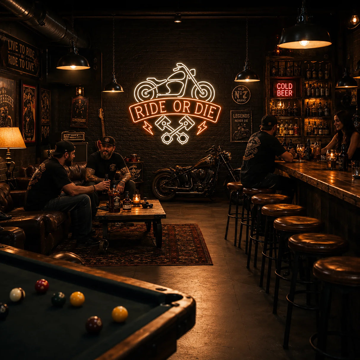Ride or Die motorcycle LED neon sign in a moody home bar and man cave setting