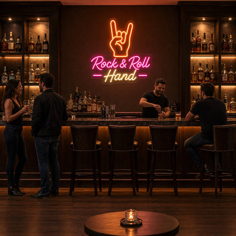 Rock and Roll Hand LED Neon Sign displayed in a live music bar setting