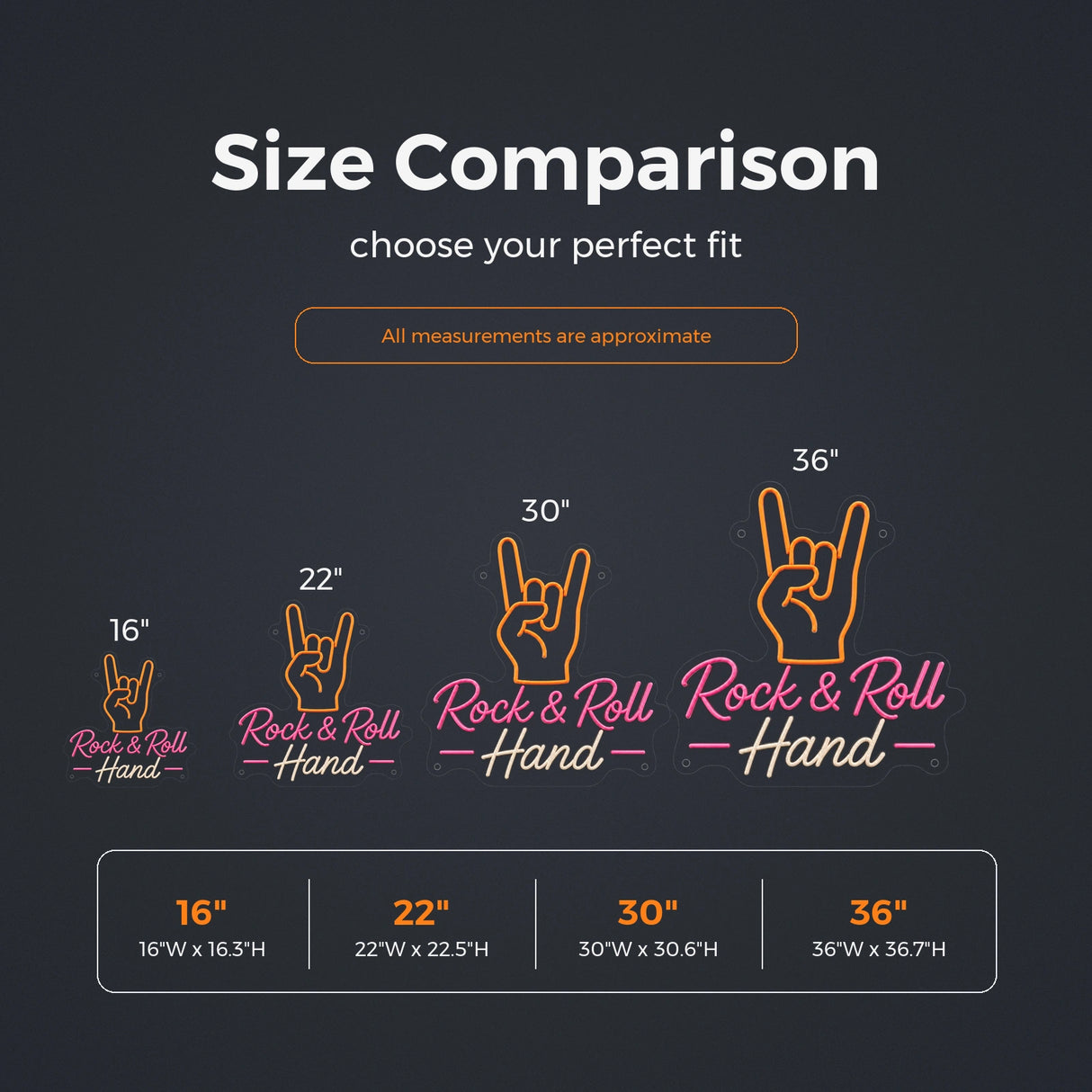Rock and Roll Hand LED Neon Sign size guide for live music neon signs
