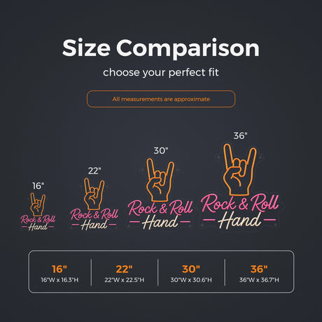 Rock and Roll Hand LED Neon Sign size guide for live music neon signs