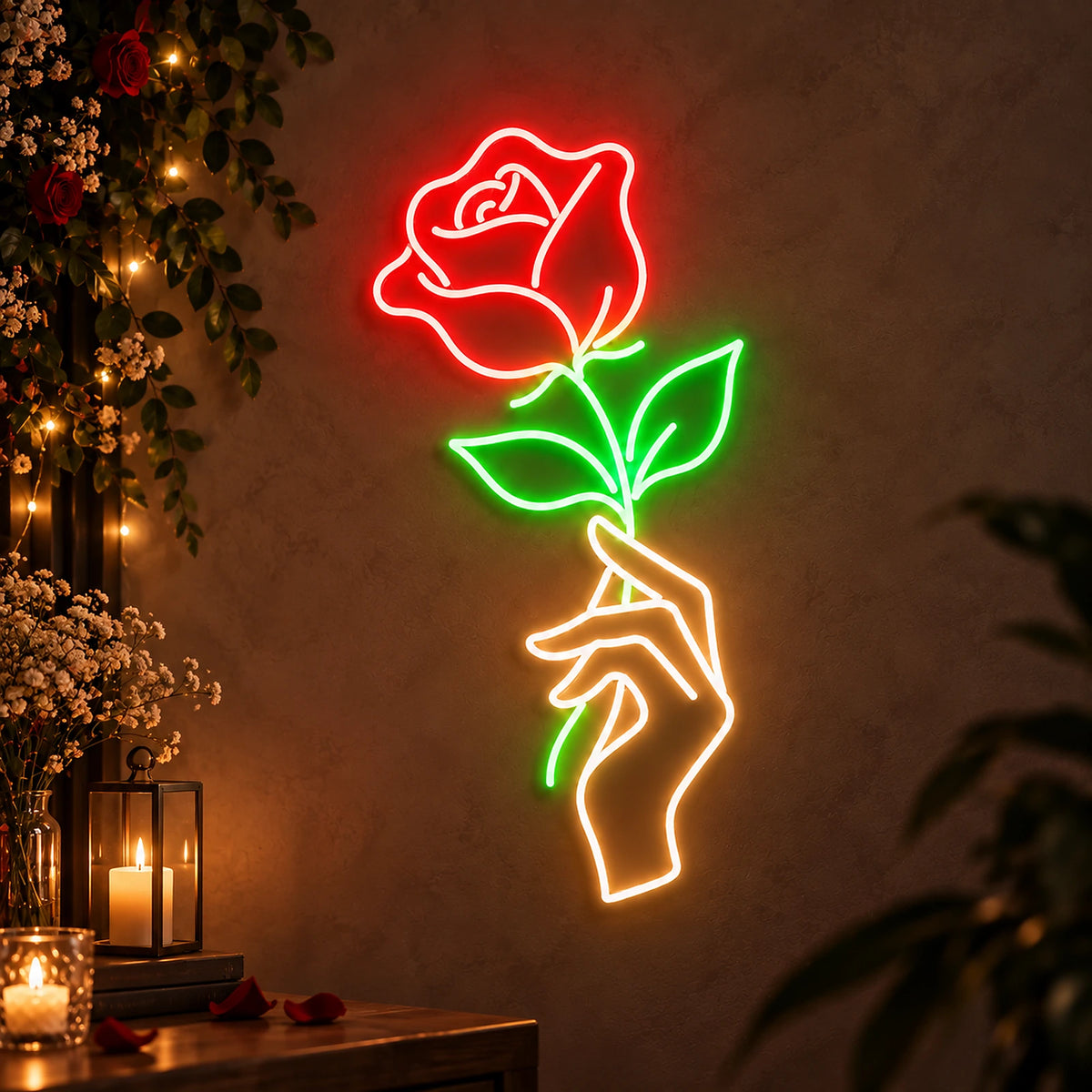 Hand holding rose neon sign as romantic wedding décor