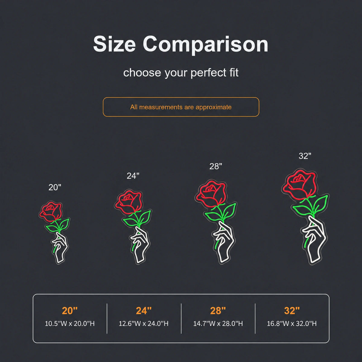 Hand holding rose neon sign size comparison from 20 to 32 inches