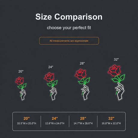 Hand holding rose neon sign size comparison from 20 to 32 inches