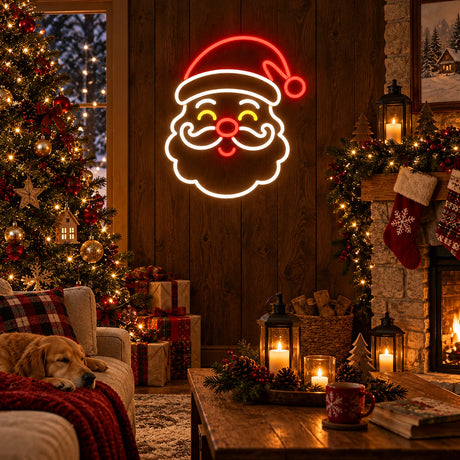 Santa face neon sign in a Christmas living room