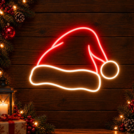 Red and white Santa hat neon sign as Christmas décor