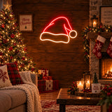 Santa hat neon sign in a rustic living room