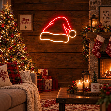 Santa hat neon sign in a rustic living room