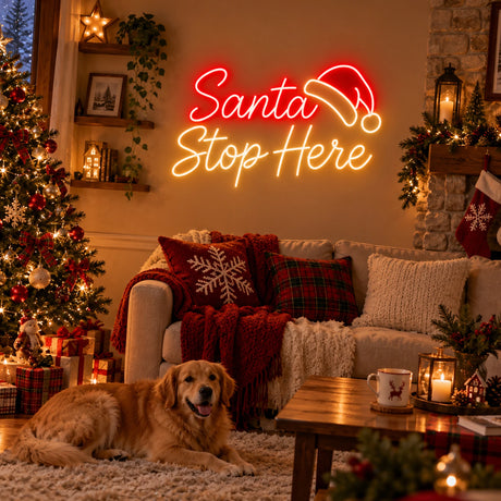 Santa Stop Here neon sign in a Christmas living room