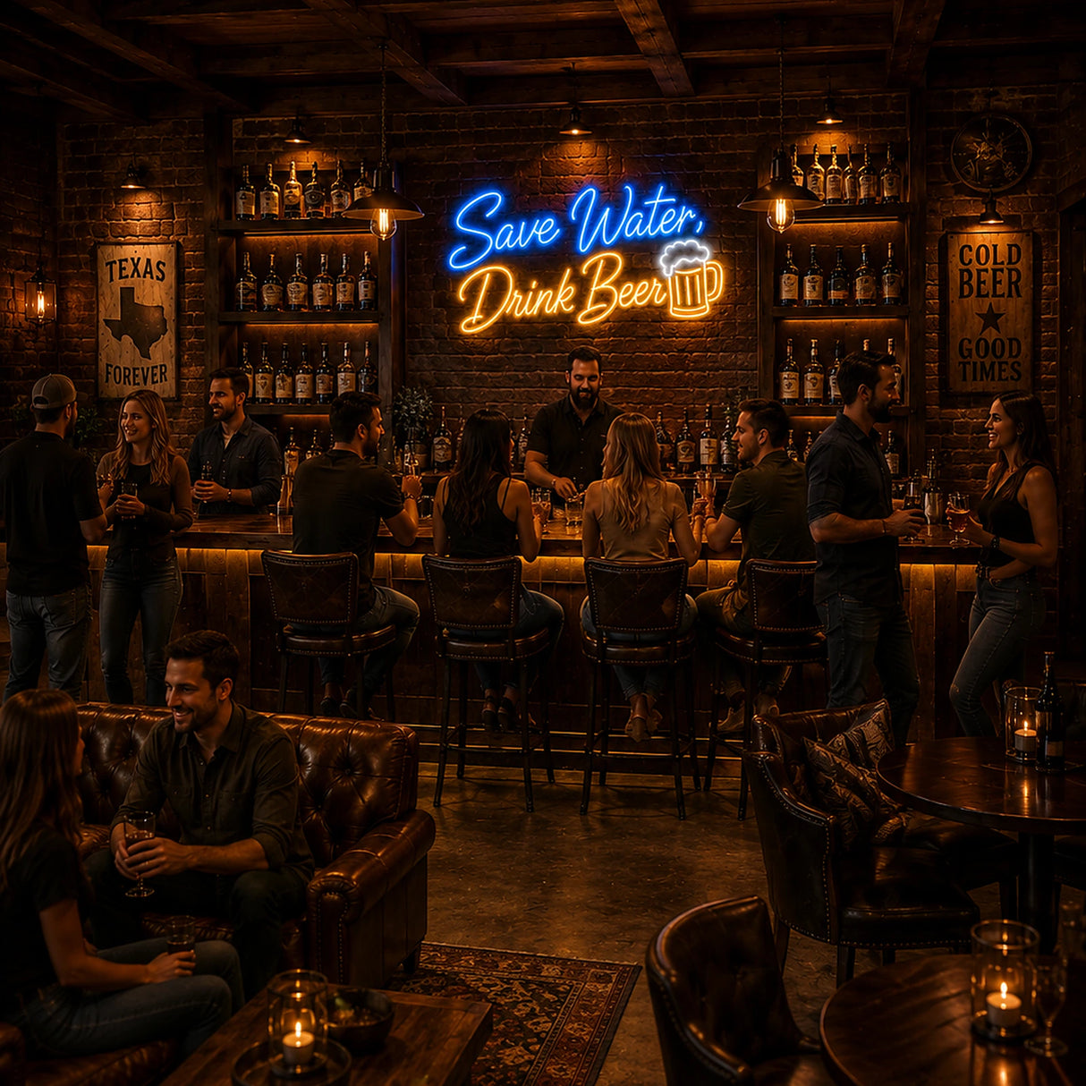 Save Water Drink Beer LED Neon Sign displayed in a beer bar setting