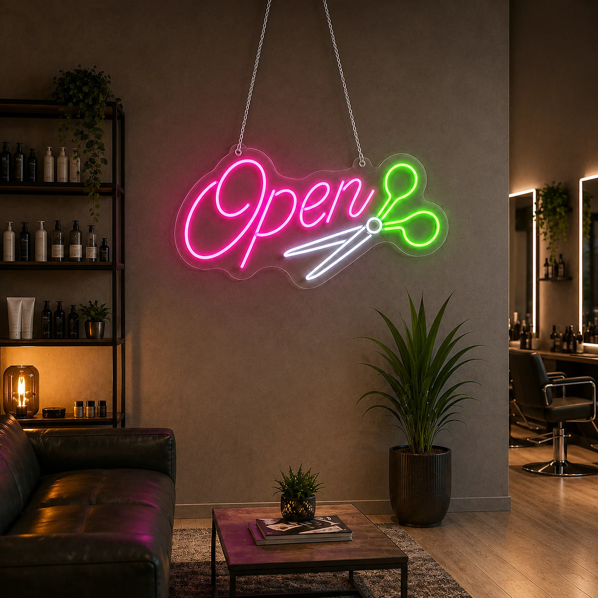 Scissors open LED neon sign mounted on a barbershop wall