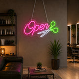 Scissors open LED neon sign mounted on a barbershop wall