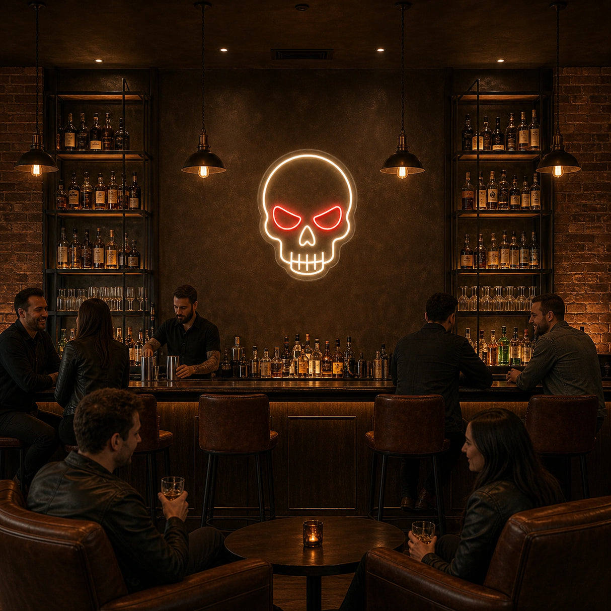 Crimson Eye Skull LED Neon Sign displayed in a man cave setting