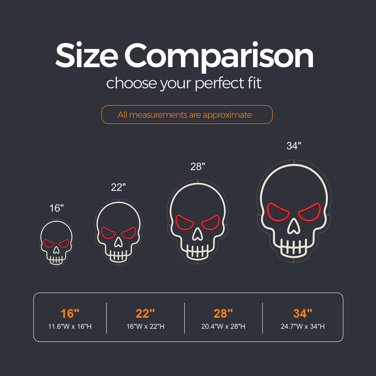 Crimson Eye Skull LED Neon Sign size guide for man cave neon sign