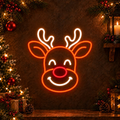 Smiling reindeer face Christmas neon sign