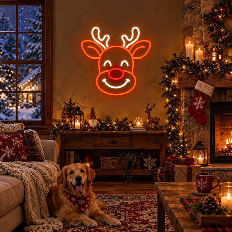 Smiling reindeer neon sign in a Christmas living room