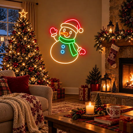 Snowman neon sign in a Christmas living room