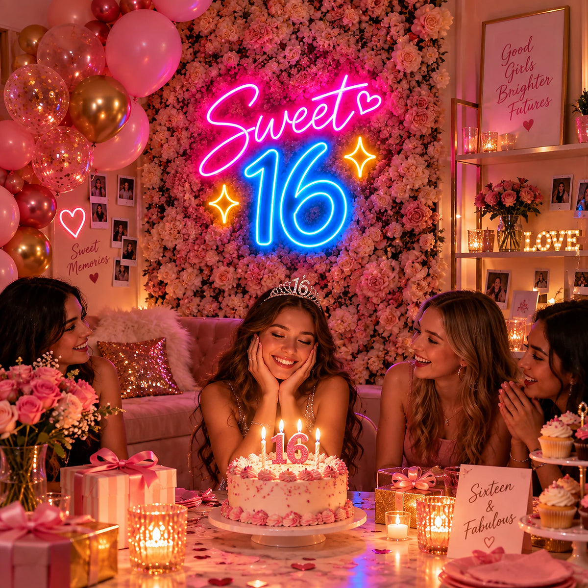 Blue and pink Sweet 16 neon sign on a flower wall