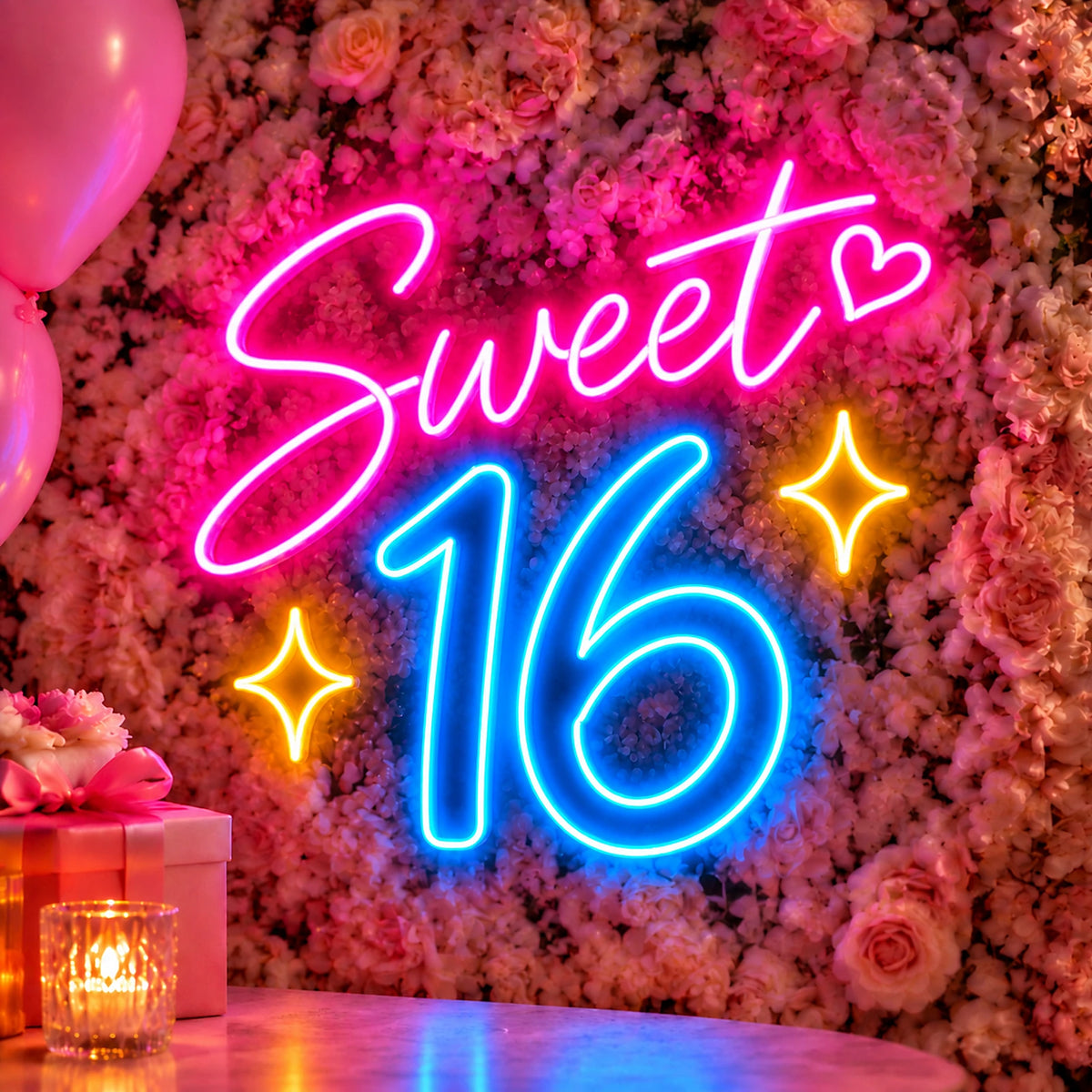 Sweet 16 neon sign on a flower wall at a birthday party