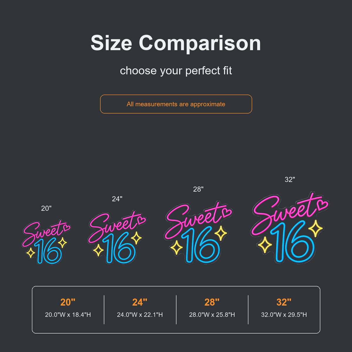 Sweet 16 neon sign size comparison from 20 to 32 inches