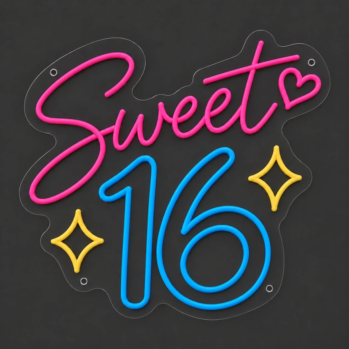 Pink and blue Sweet 16 neon sign lit on a dark gray background