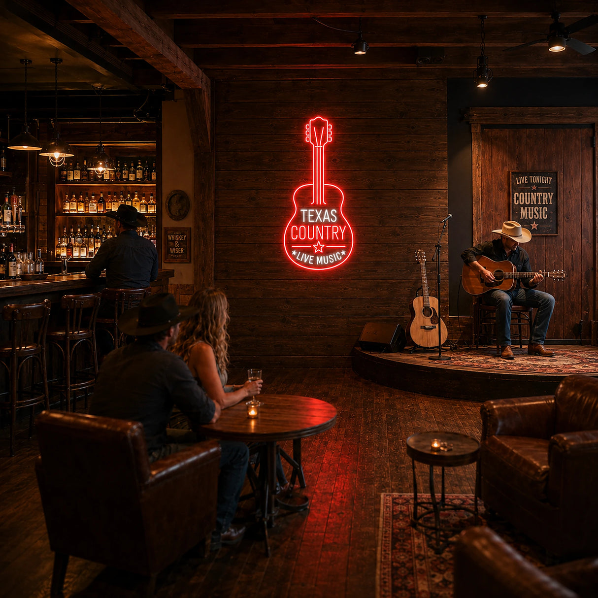 Texas Country Guitar LED Neon Sign displayed in a live music bar setting